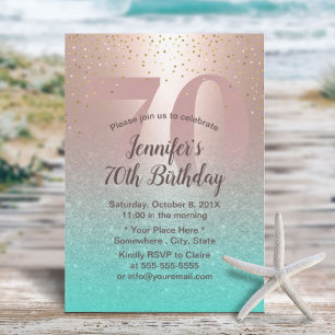 70th Birthday Modern Blush Rose Gold Aqua Teal Invitation