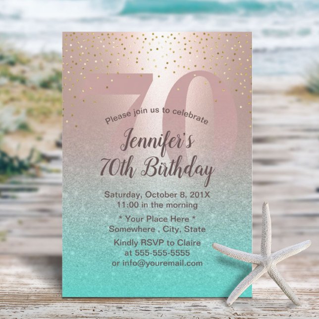 70th Birthday Modern Blush Rose Gold Aqua Teal Invitation (Creator Uploaded)
