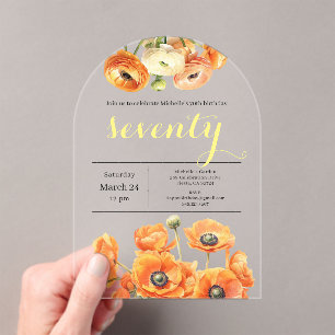 70th Birthday Modern Garden Orange White Flowers Acrylic Invitations