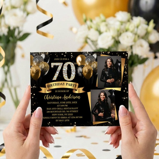 70th Birthday Modern Gold Glitter Balloons 2 Photo Invitation (Creator Uploaded)