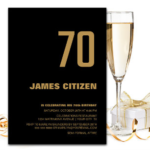 70th Birthday Modern Minimalist Black Gold Party Invitation