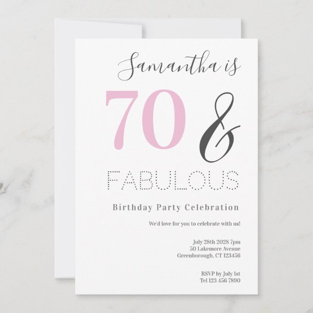 70th Birthday Modern Pink Party Invitation (Front)