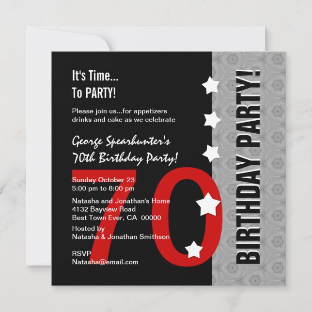 70th Birthday Modern Red Silver Black Funny D845E Invitation (Front)