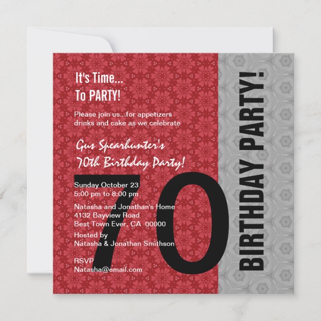 70th Birthday Modern Red Silver Black Funny D848 Invitation (Front)