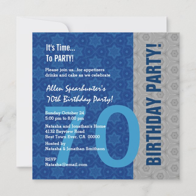 70th Birthday Modern Silver and Blue Funny D848A Invitation (Front)
