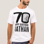 70th birthday mono custom now and then photo name T-Shirt<br><div class="desc">70th birthday mono, 70 custom photos on front and back, and plus name t-shirt. Fun 70th personalised photo black and white birthday tee design. Personalise this birthday shirt with a photograph of the birthday boy or girl in the middle of the number 0 on both the front and the back....</div>