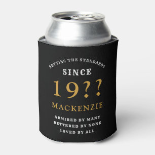 70th Birthday Monogram Name Year Black Gold Can Cooler