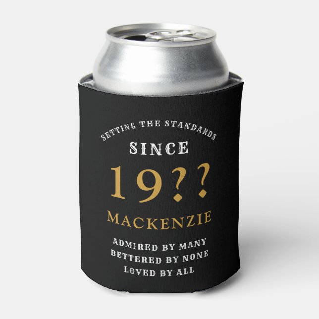 70th Birthday Monogram Name Year Black Gold Can Cooler (Can Front)