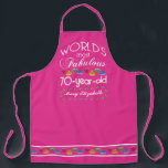 70th Birthday Most Fabulous Colorful Gems Pink Apron<br><div class="desc">Celebrate the milestone birthday of your favorite senior citizen with this fun gift reminding them of how fabulous they are. White and grey lettering on deep turquoise background. Colorful diamond-cut gems in rainbow tones serve as accent. Customize with names, initials or other text. This series is in increments of 5...</div>