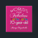 70th Birthday Most Fabulous Colourful Gems Pink 15 Cm Square Badge<br><div class="desc">Celebrate the milestone birthday of your favourite senior citizen with this fun gift reminding them of how fabulous they are. White and grey lettering on deep pink background. Colourful diamond-cut gems in rainbow tones serve as accent. Customise with names, initials or other text. This series is in increments of 5...</div>