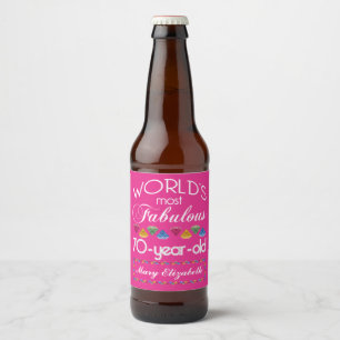 70th Birthday Most Fabulous Colourful Gems Pink Beer Bottle Label