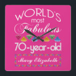 70th Birthday Most Fabulous Colourful Gems Pink Square Wall Clock<br><div class="desc">Celebrate the milestone birthday of your favourite senior citizen with this fun gift reminding them of how fabulous they are. White and grey lettering on deep pink background. Colourful diamond-cut gems in rainbow tones serve as accent. Customise with names, initials or other text. This series is in increments of 5...</div>
