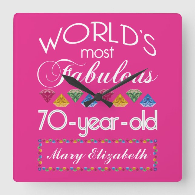 70th Birthday Most Fabulous Colourful Gems Pink Square Wall Clock (Front)