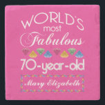 70th Birthday Most Fabulous Colourful Gems Pink Stone Coaster<br><div class="desc">Celebrate the milestone birthday of your favourite senior citizen with this fun gift reminding them of how fabulous they are. White and grey lettering on deep pink background. Colourful diamond-cut gems in rainbow tones serve as accent. Customise with names, initials or other text. This series is in increments of 5...</div>