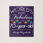 70th Birthday Most Fabulous Colourful Gems Purple Jigsaw Puzzle<br><div class="desc">Celebrate the milestone birthday of your favourite senior citizen with this fun gift reminding them of how fabulous they are. White and grey lettering on deep purple background. Colourful diamonds in rainbow tones serve as accent. Customise with names, initials or other text. This series is in increments of 5 years...</div>