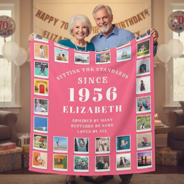 70th Birthday Mother Family Photo collage Pink Fleece Blanket (Born 1956 pink fleece blanket held by a couple.)