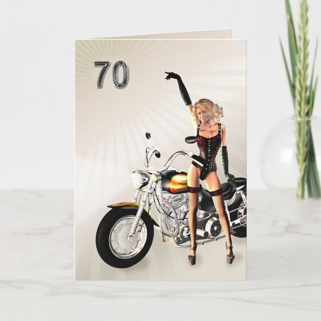 70th Birthday, Motorbike and Girl Card (Front)