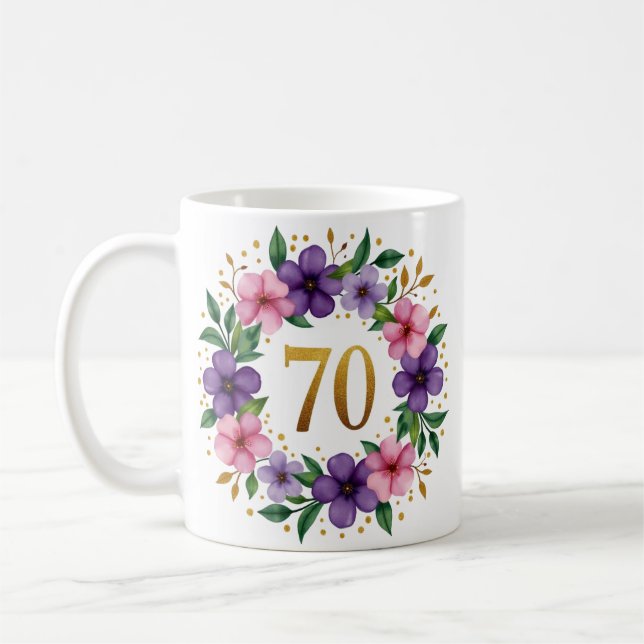 70th Birthday Mug – Floral Wreath with Gold Number (Left)