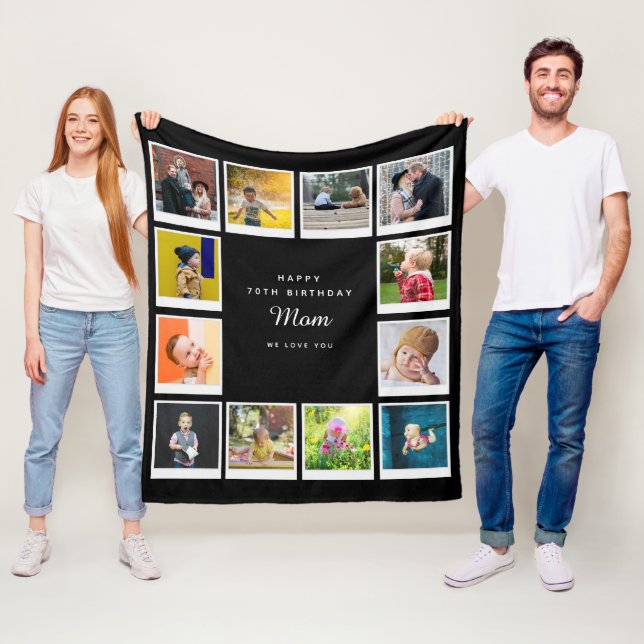 70th Birthday Mum Photo Collage Template Black Fleece Blanket (In Situ)