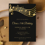 70th Birthday Music Notes Gold Elegant Modern Invitation<br><div class="desc">This editable elegant 70th birthday invitation features a stave with music notes and a treble clef in faux gold on a black background complemented by modern script typography. Perfect for adult birthday parties, musical events and music lovers. Customise it with your own text and make use of the editing tool...</div>