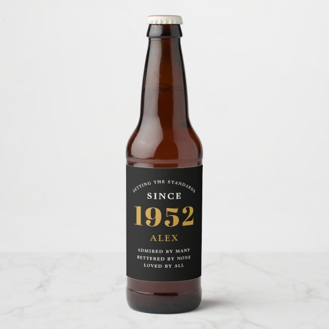 70th Birthday Name 1952 Black Elegant Chic Beer Bottle Label (Front)