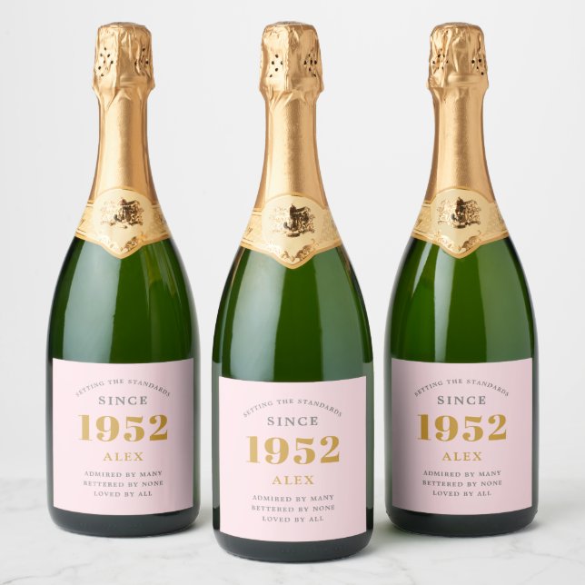 70th Birthday Name 1952 Pink Grey Elegant Chic Sparkling Wine Label (Bottles)