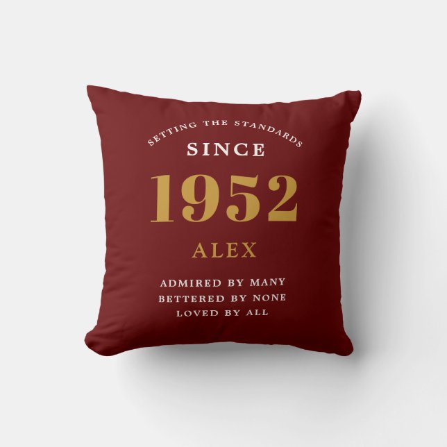 70th Birthday Name 1952 Red Gold Elegant Chic Cushion (Front)