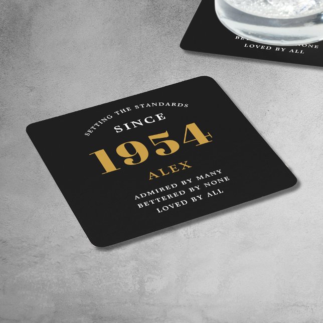 70th Birthday Name 1954 Black Gold Elegant Chic Square Paper Coaster (Premium 70th Birthday Black and Gold Personalized Paper Coasters - Celebration Elegance.)