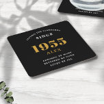 70th Birthday Name 1955 Black Gold Elegant Chic Square Paper Coaster<br><div class="desc">Premium 70th Birthday Black and Gold Personalised Paper Coasters - Celebration Elegance. Celebrate a milestone birthday in style with our chic, premium-quality, 70th Birthday paper coasters. Exquisitely designed with a striking black and gold colour scheme, these coasters add a touch of luxury and sophistication to any 70th birthday bash. Express...</div>