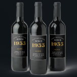 70th Birthday Name 1955 Black Gold Elegant Chic Wine Label<br><div class="desc">1955 Vintage 70th Birthday Black & Gold Elegant Wine Label. Celebrate your milestone with our exclusive birthday wine label. The meticulously designed label with stunning black and gold hues effortlessly enhances the visual appeal of your favourite wine. The year prominently featured on the label, adds a nostalgic throwback to the...</div>