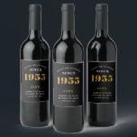 70th Birthday Name 1955 Black Gold Elegant Chic Wine Label<br><div class="desc">1955 Vintage 70th Birthday Black & Gold Elegant Wine Label. Celebrate your milestone with our exclusive birthday wine label. The meticulously designed label with stunning black and gold hues effortlessly enhances the visual appeal of your favourite wine. The year prominently featured on the label, adds a nostalgic throwback to the...</div>