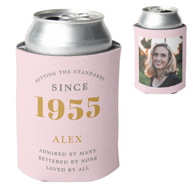 70th Birthday Name 1955 Chic Pink Grey Photo Can Cooler (Pink personalized 70th birthday can cooler with custom photograph and name )
