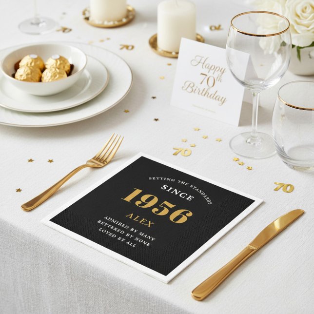 70th Birthday Name 1956 Black Gold Elegant Chic Napkin (1956 napkin on a table. White background.)
