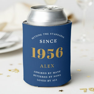 70th Birthday Name 1956 Blue Gold Elegant Chic Can Cooler