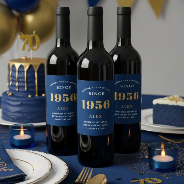 70th Birthday Name 1956 Blue Gold Elegant Chic Wine Label (Blue 70th birthday wine bottle labels on red wine bottles)