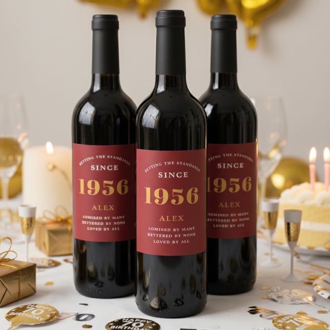 70th Birthday Name 1956 Red Gold Elegant Chic Wine Label (70th birthday Personalized wine bottle labels)