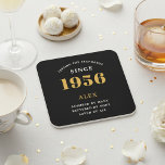 70th Birthday Name 1956 Year Black Gold Custom Square Paper Coaster<br><div class="desc">Premium 70th Birthday Black and Gold Personalised Paper Coasters - Celebration Elegance. Celebrate a milestone birthday in style with our chic, premium-quality, 70th Birthday paper coasters. Exquisitely designed with a striking black and gold colour scheme, these coasters add a touch of luxury and sophistication to any 70th birthday bash. Express...</div>