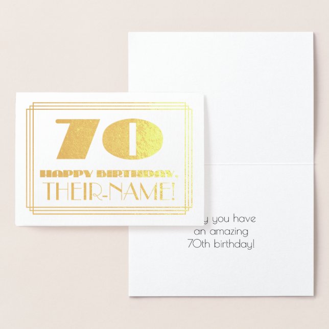 70th Birthday; Name + Art Deco Inspired Look "70" Foil Card (Display)