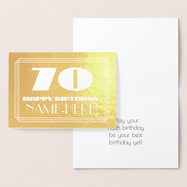70th Birthday: Name + Art Deco Inspired Look "70" Foil Card (Display)