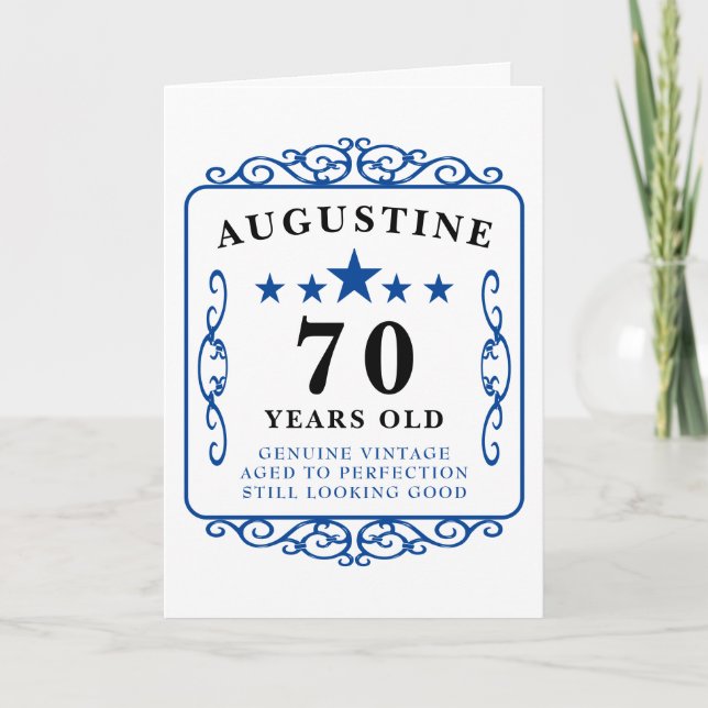 70th Birthday Name Blue Vintage Manly Elegant Card (Front)