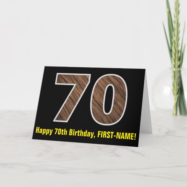 70th Birthday: Name + Faux Wood Grain Pattern "70" Card (Front)