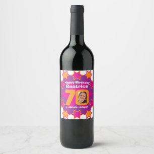 70th birthday name pink photo custom wine labels