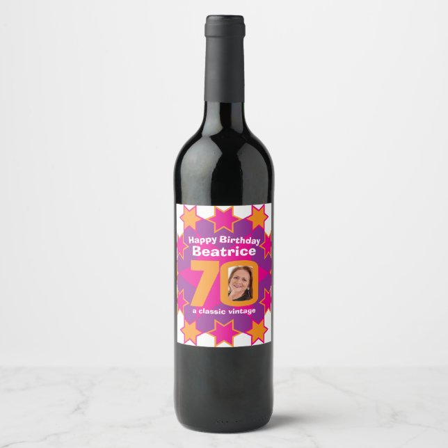 70th birthday name pink photo custom wine labels (Front)