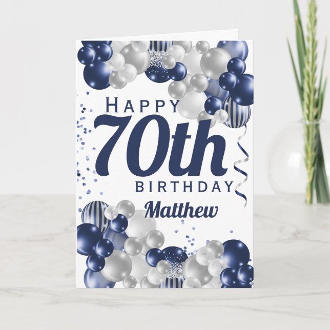70th Birthday Navy Balloons Card (Front)