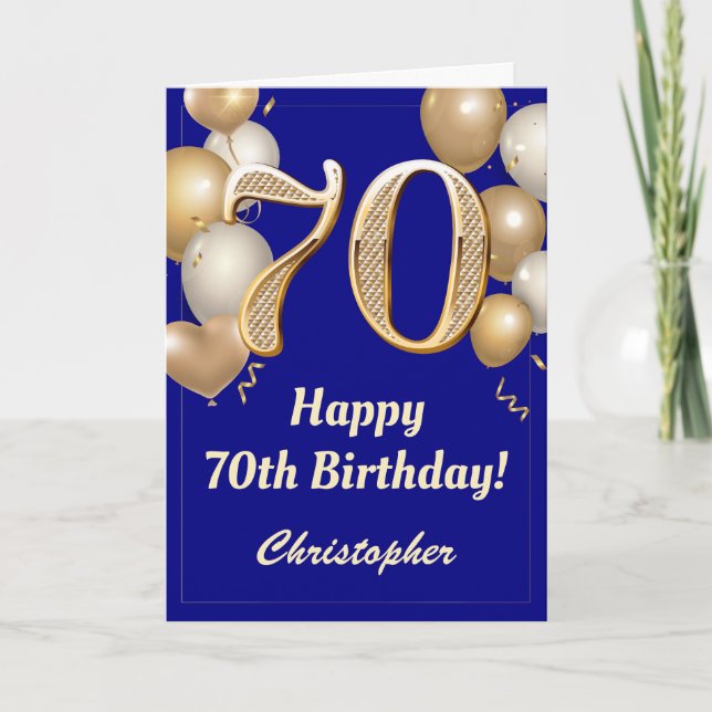 70th Birthday Navy Blue and Gold Balloons Confetti Card (Front)