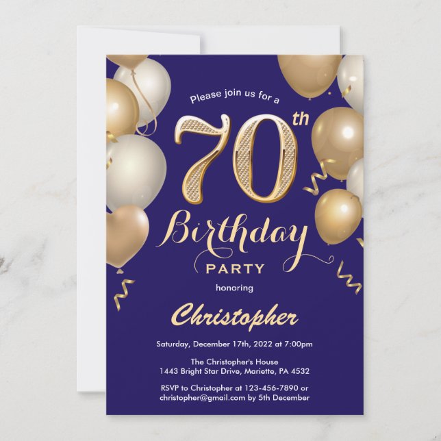 70th Birthday Navy Blue and Gold Balloons Confetti Invitation (Front)