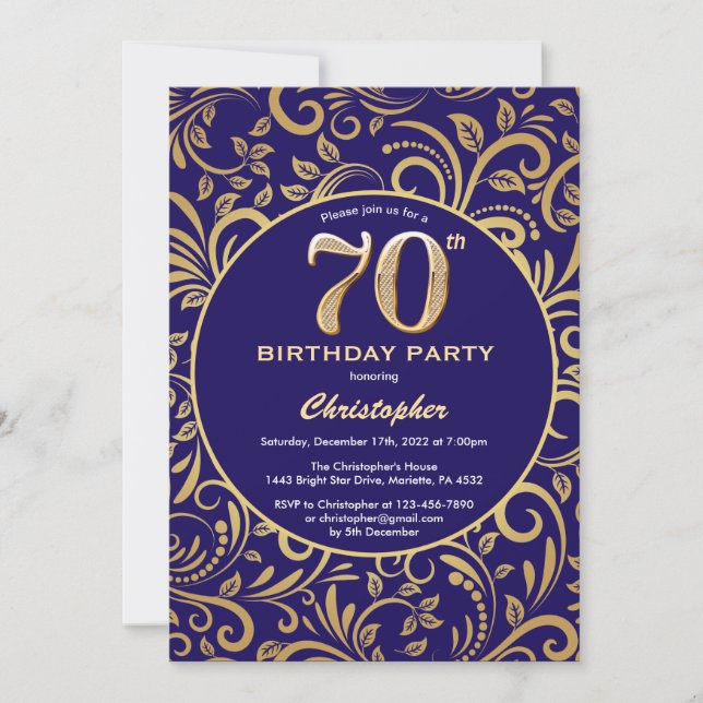 70th Birthday Navy Blue and Gold Floral Pattern Invitation (Front)