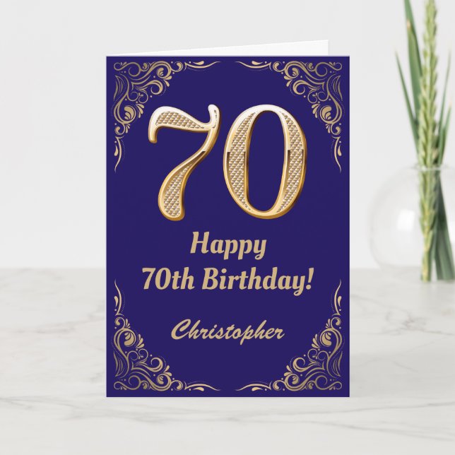 70th Birthday Navy Blue and Gold Glitter Frame Card (Front)