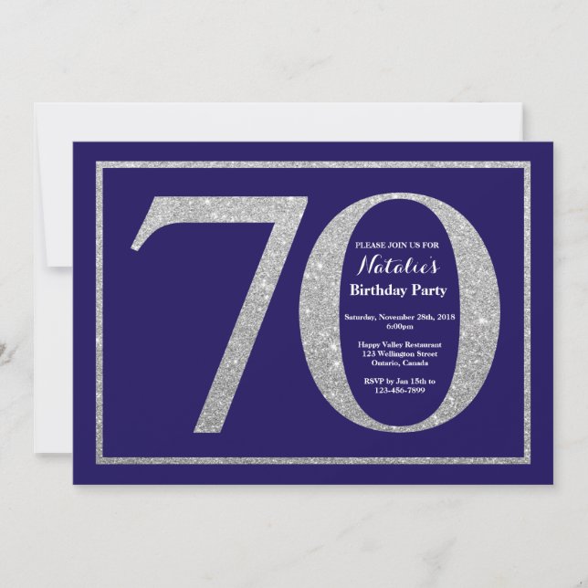 70th Birthday Navy Blue and Silver Glitter Invitation (Front)