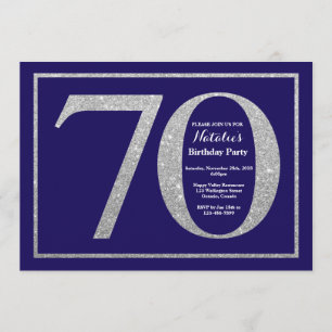 70th Birthday Navy Blue and Silver Glitter Invitation